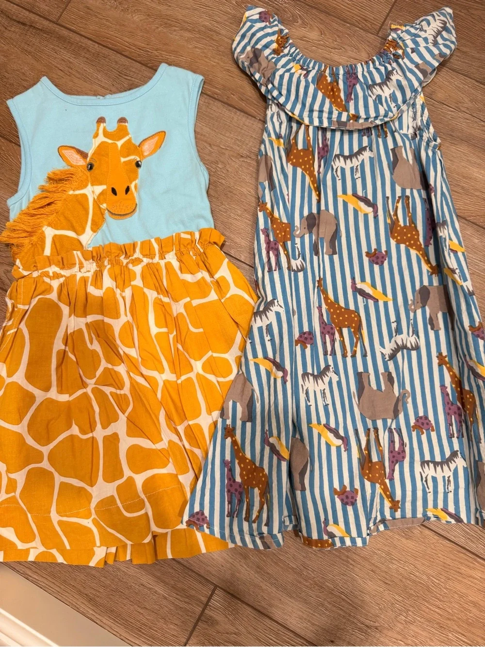 Mini Boden Girls' Blue and Yellow Giraffe Print Dresses 0220